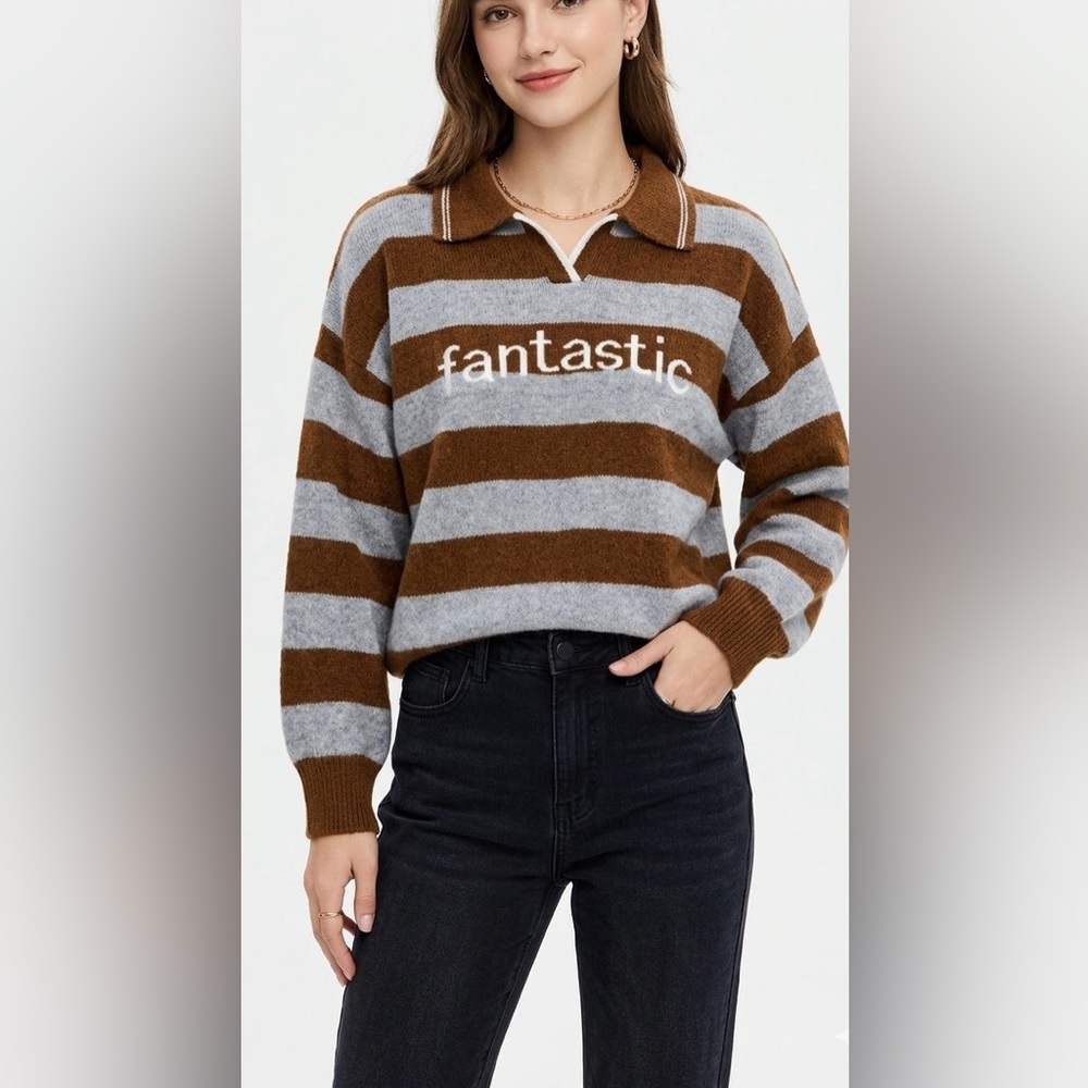 Fantastic Striped V-Neck Polo Sweater in Brown and Gray